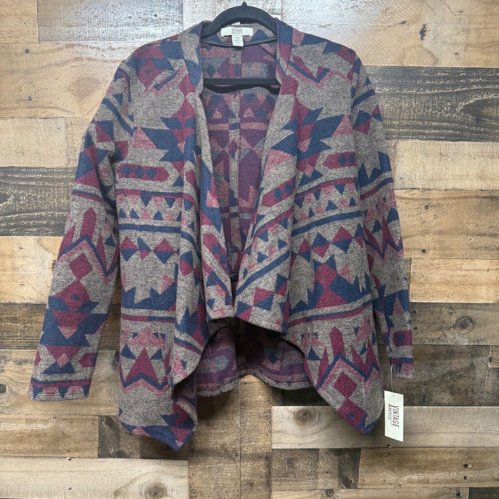 NWT Vintage America Blues Southwest Geometric Print Waterfall Cardigan Sweater L